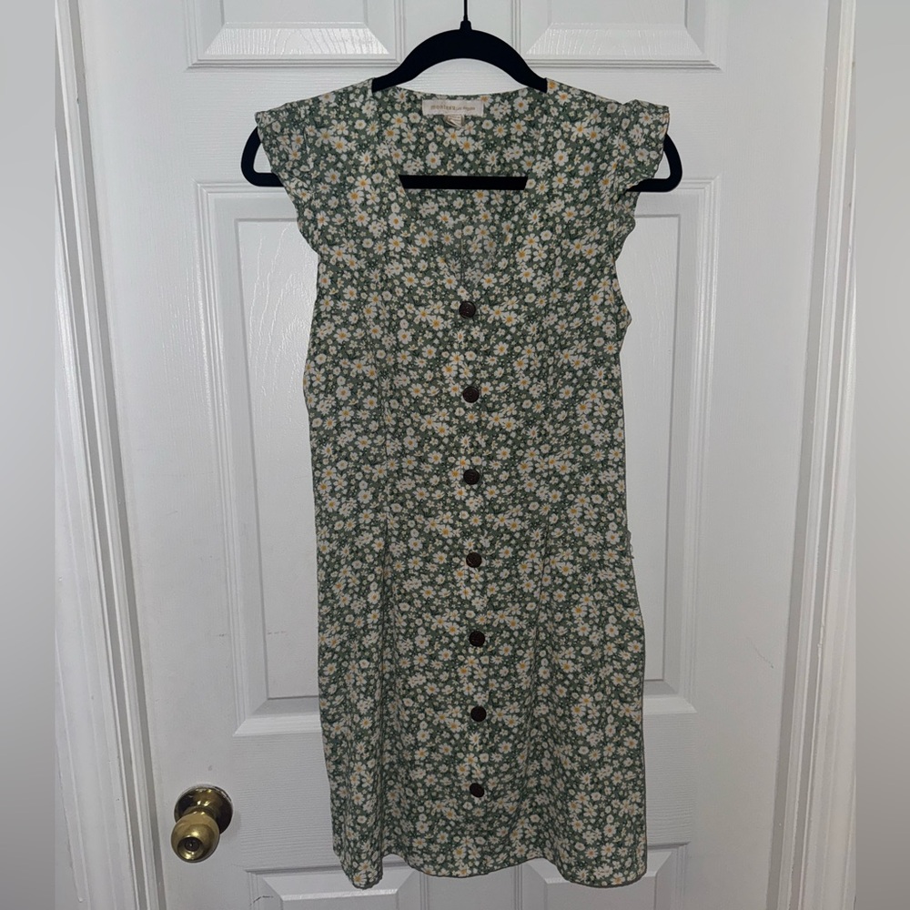 Green Button Up Daisy Printed Dress
